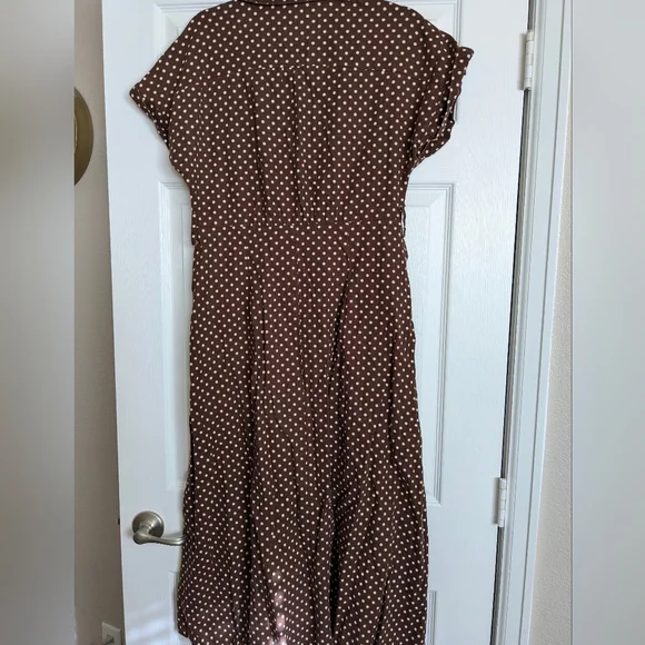 Zara Brown White Button Down Linen Blend Polka Dot Dress Size L Missing Belt - Picture 6 of 11